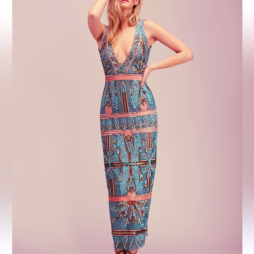 🥳HP Rachel Zoe x Free People Kyra 2/XS Limited Ed Handmade Allover Beaded Gown - Picture 6 of 7